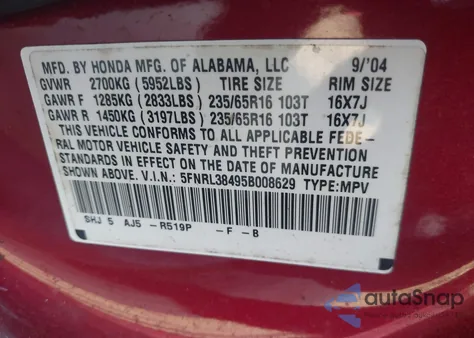 2005 Honda Odyssey Ex from USA, damaged, VIN 5FNRL38495B008629